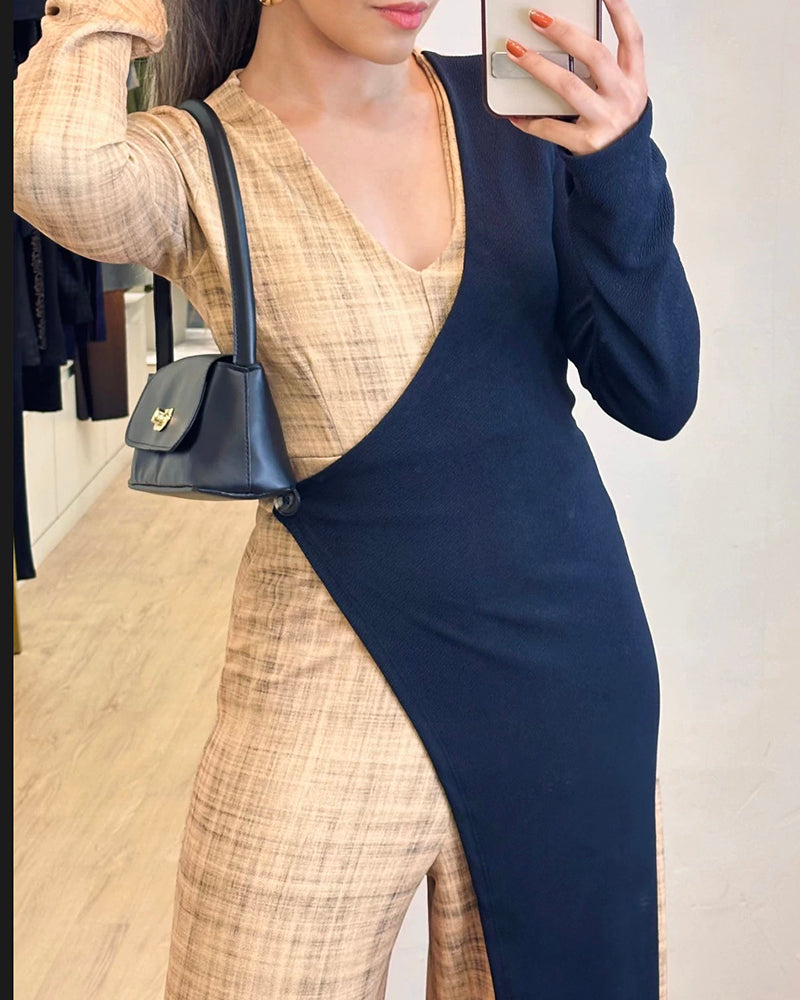 Colorblock Long Sleeve V Neck Faux Two Piece Jumpsuit Casual Wide Leg Romper - Image 5