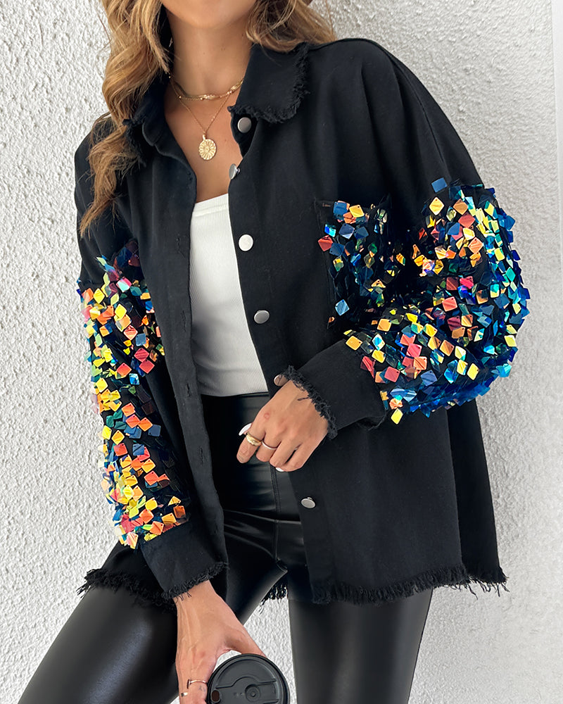 Contrast Sequin Long Sleeve Jacket Top Button Front Raw Hem Loose Fit Shacket - Image 23