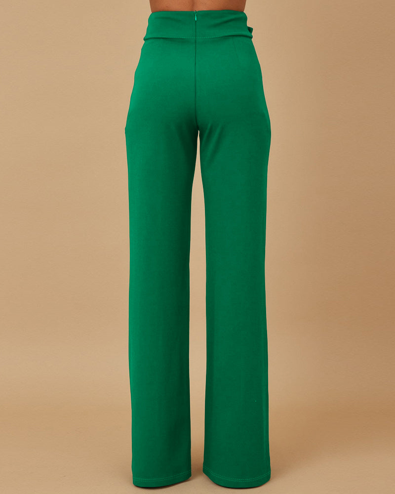 Metal Button Decor High Waist Casual Straight Leg Work Pants - Image 5
