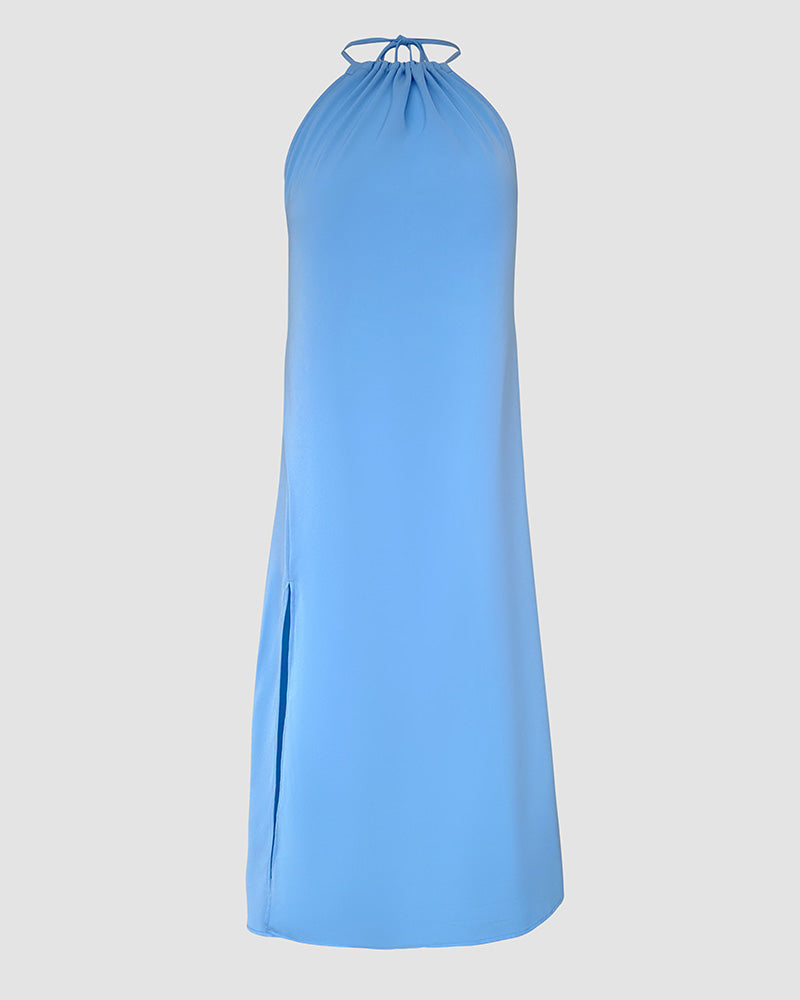 Halter Sleeveless Backless Maxi Dress Casual Shirred Back Side Slit Vacation Dress - Image 7