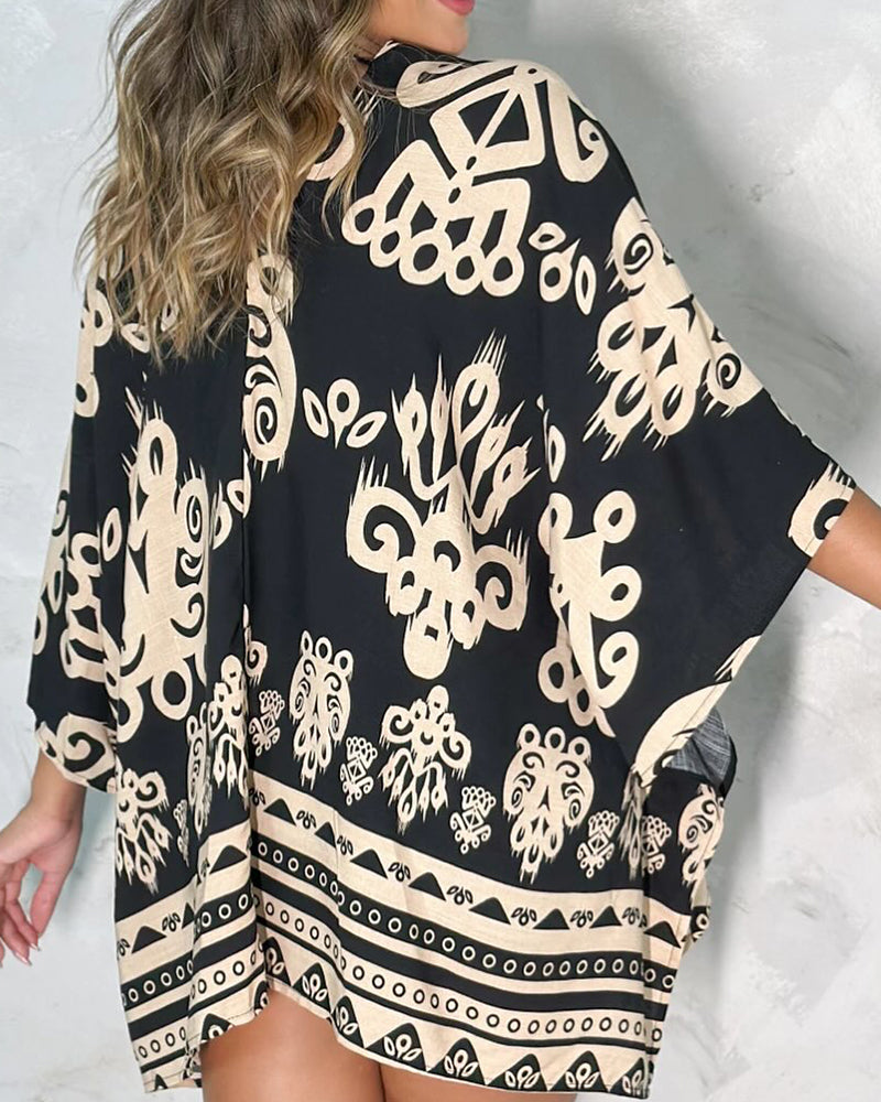 Vintage Baroque Print Open Front Half Sleeve Cover-up Casual Hollow-out Back Loose Fit Cardigan - Image 2