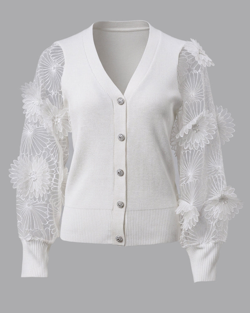 Women's Mesh Long Sleeve Cardigan Embroidered V Neck Knit Sweater Rhinestone Button Ribbed Slim Fit Casual Coat - Image 5