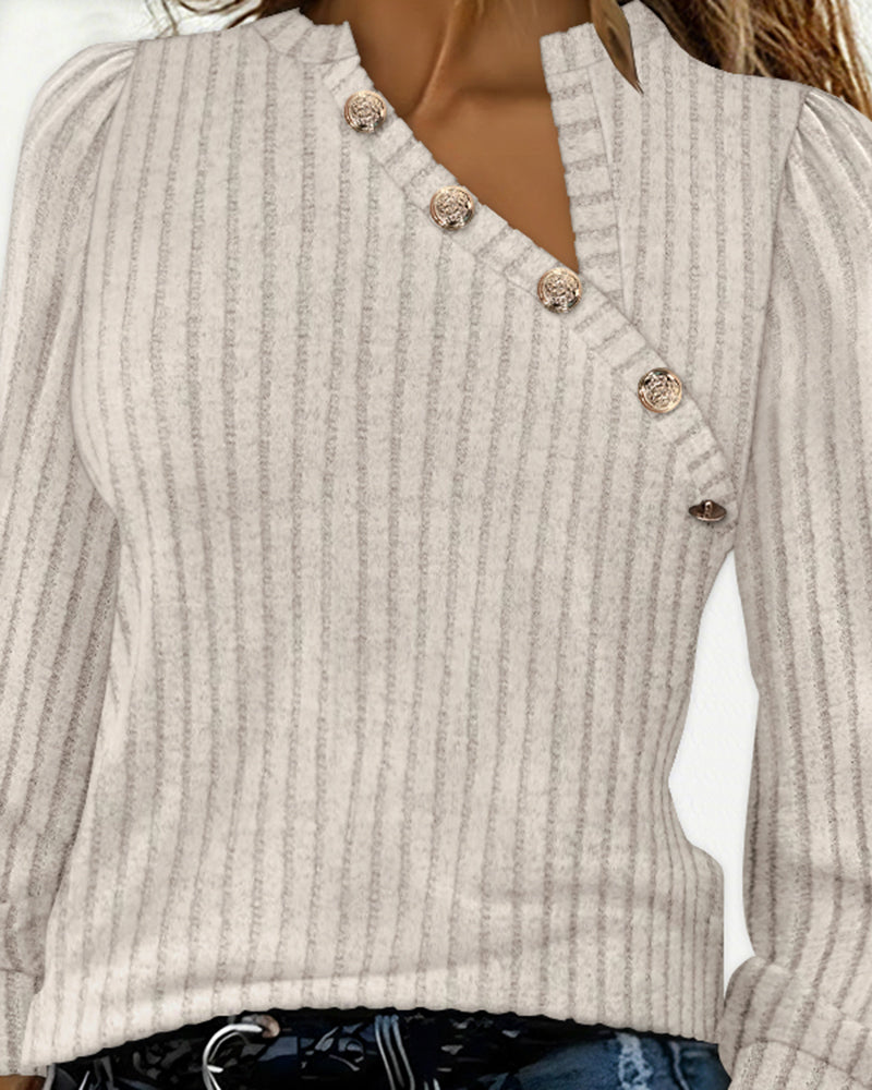 Button Decor Asymmetrical V-Neck Long Sleeve Ribbed Tee Casual Knit Brushed Top - Image 6