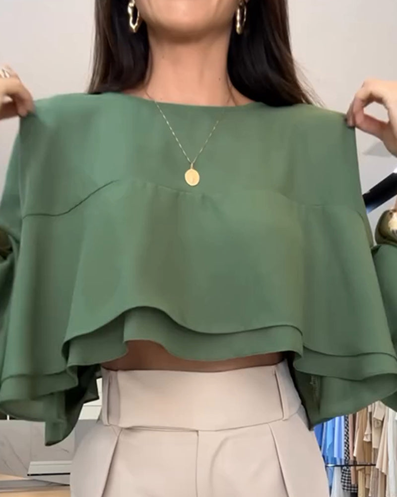 Round Neck Bell Sleeve Crop Top Casual Loose Fit Layered Blouse - Image 5