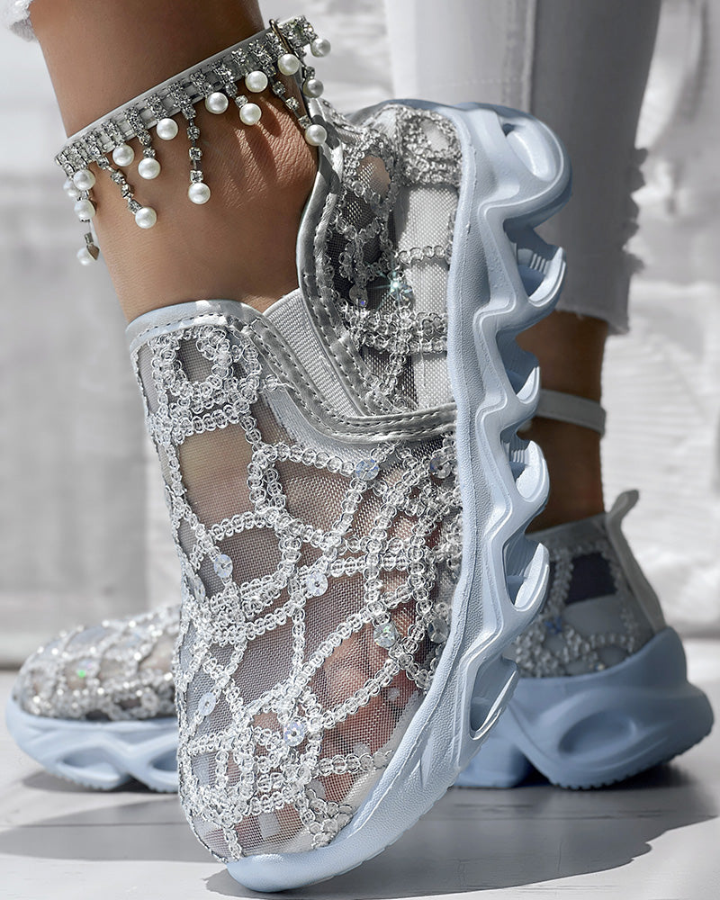 Contrast Sequin Sheer Mesh Patch Breathable Sneakers - Image 9