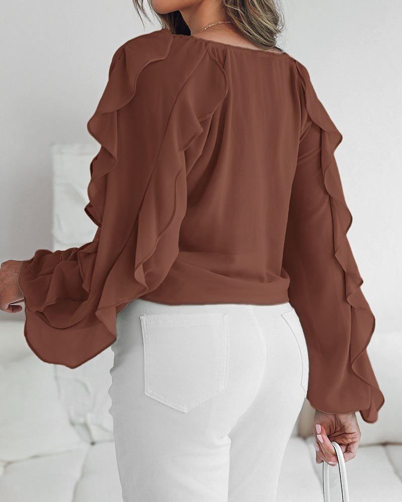 V Neck Shoulder Ruffles Design Blouse Casual Button Front Long Sleeve Top - Image 2