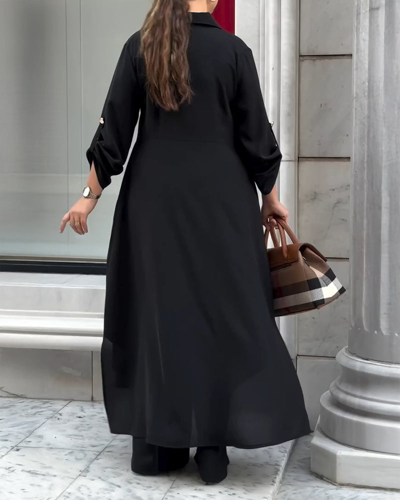 2 Pieces Outfit Turn-down Collar Turn-Up Sleeves Button Front Asymmetrical Hem Longline Blouse and Casual Elastic Waist Wide Leg Pants Set - Image 14