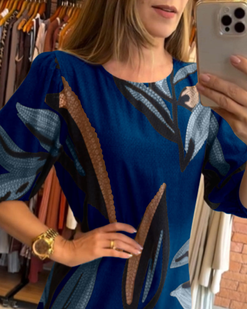 Plants Print Round Neck Half Sleeve Midi Dress - Image 13