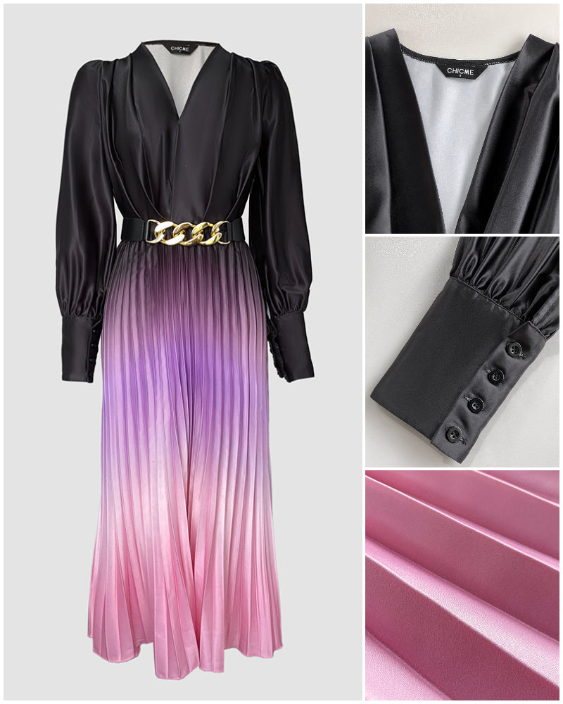 Ombre Deep V Neck Long Sleeve Pleated Mid-length Dress With Chain Decor Belt - Image 4