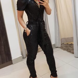 Women's Sequin Jumpsuit Sexy Deep V Neck Sheer Mesh Sleeve Overalls with Belt