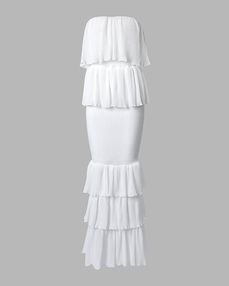 Layered Ruffle Shirred Slim Fit Strapless Dress Textured Maxi Party Dress - Image 5