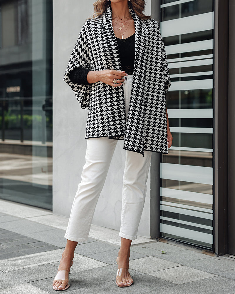 Houndstooth Print Versatile Loose Fit Sweater Coat Casual Warm Cape Shawl - Image 5