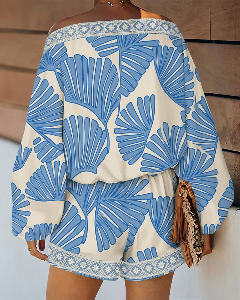 Women's Tropical Leaf Print 2 Piece Set Skew Neck Lantern Sleeve Top and Elastic Waist Shorts with Pockets & Lace - Image 2