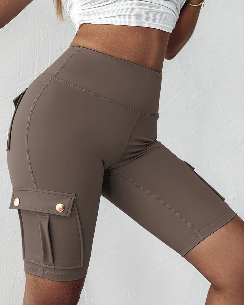 Tummy Control Butt Lifting Active Shorts High Waist Flap Pocket Workout Bermuda Cargo Running Shorts - Image 29