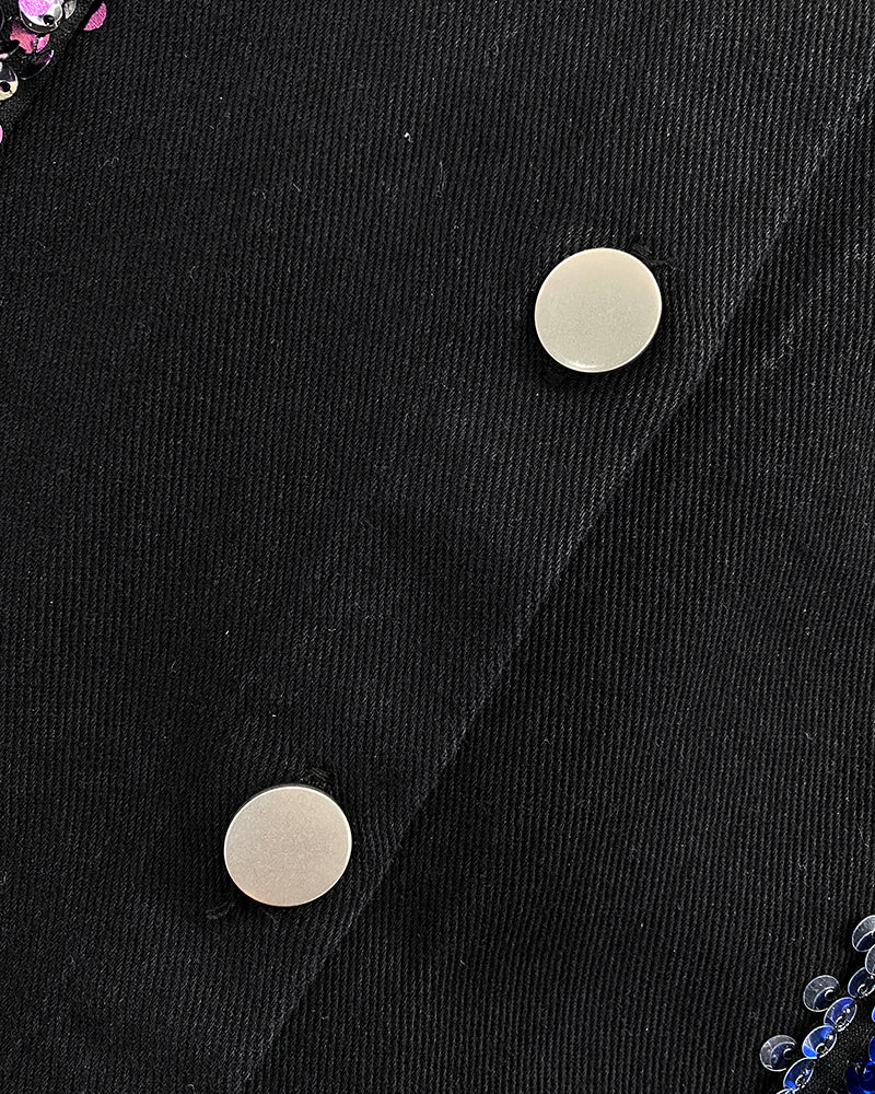 Contrast Sequin Long Sleeve Jacket Top Button Front Raw Hem Loose Fit Shacket - Image 17