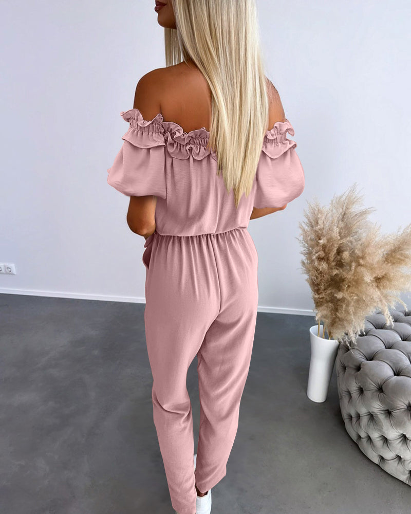 Frill Trim Off Shoulder Short Sleeve Tie Waist Overalls Casual Textured Jumpsuit - Image 12