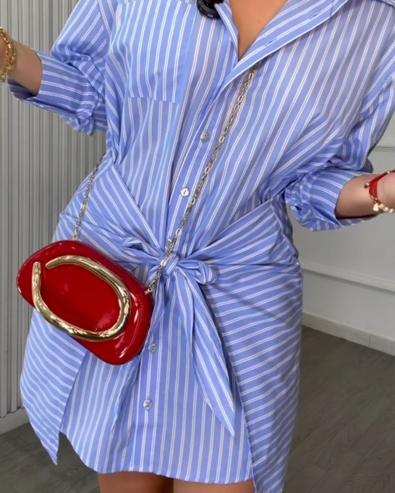 Women's Striped Button Down Shirt Dress Tie Front Wrap Asymmetric Hem Long Sleeve Casual Dress - Image 4