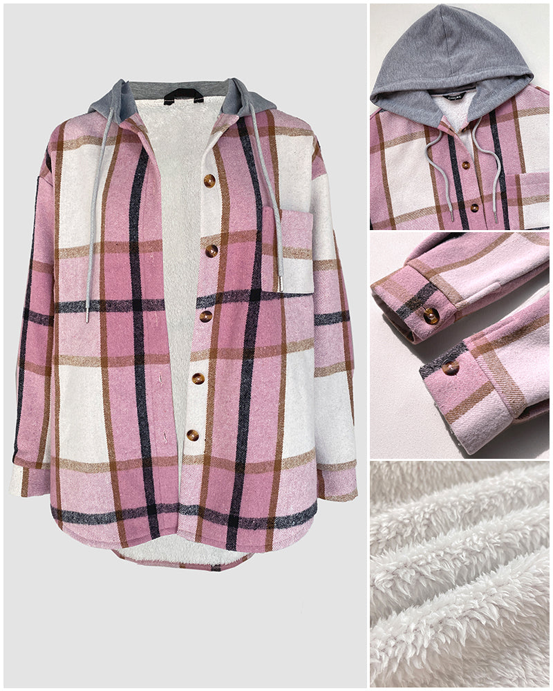 Plaid Print Long Sleeve Button Front Drawstring Hoodie Coat Casual Pocket Design Thermal Lined Shirt Coat - Image 6