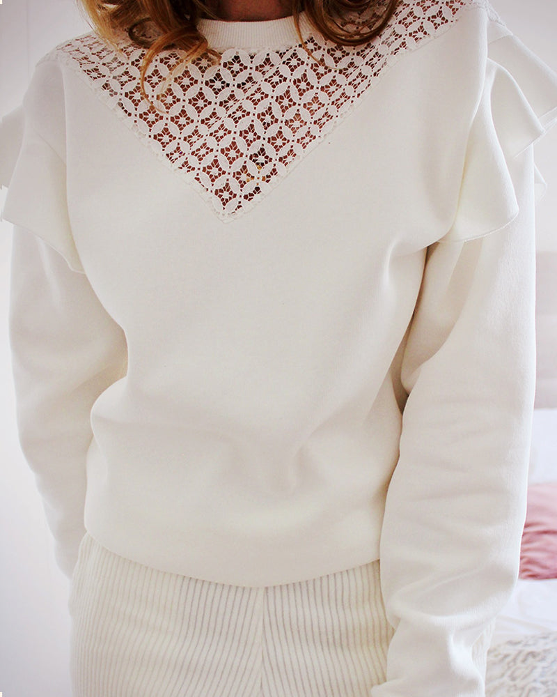 Contrast Lace Hollow-out Ruffles Long Sleeve Sweatshirt Casual Loose Fit Top - Image 6