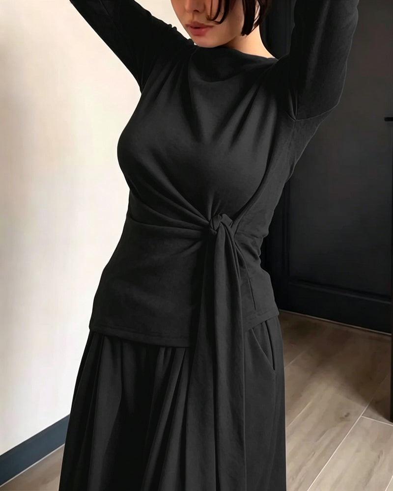 Women's 2 Piece Knit Lounge Set Long Sleeve Tie Waist Top and High Waisted Wide Leg Pants Casual Soft Sweatsuit with Pockets - Image 19