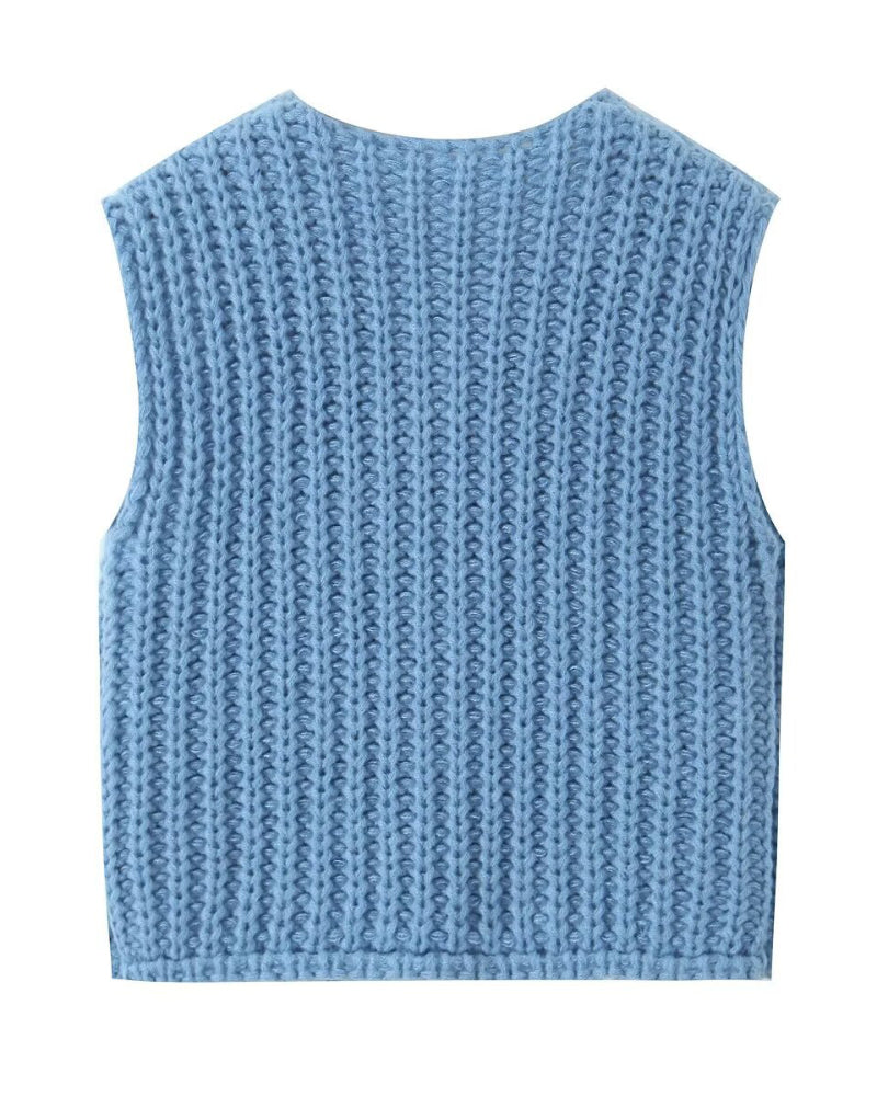 V-Neck Sleeveless Button Front Knit Vest Casual Loose Fit Sweater Top with Pockets - Image 24