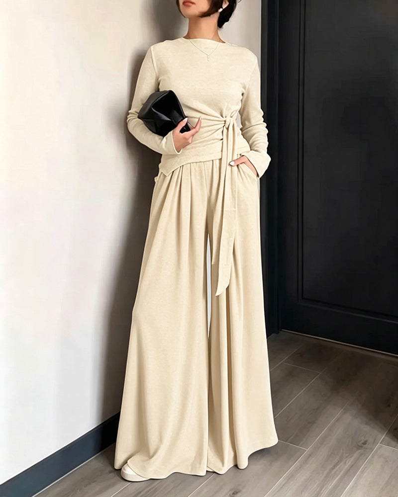 Women's 2 Piece Knit Lounge Set Long Sleeve Tie Waist Top and High Waisted Wide Leg Pants Casual Soft Sweatsuit with Pockets - Image 26