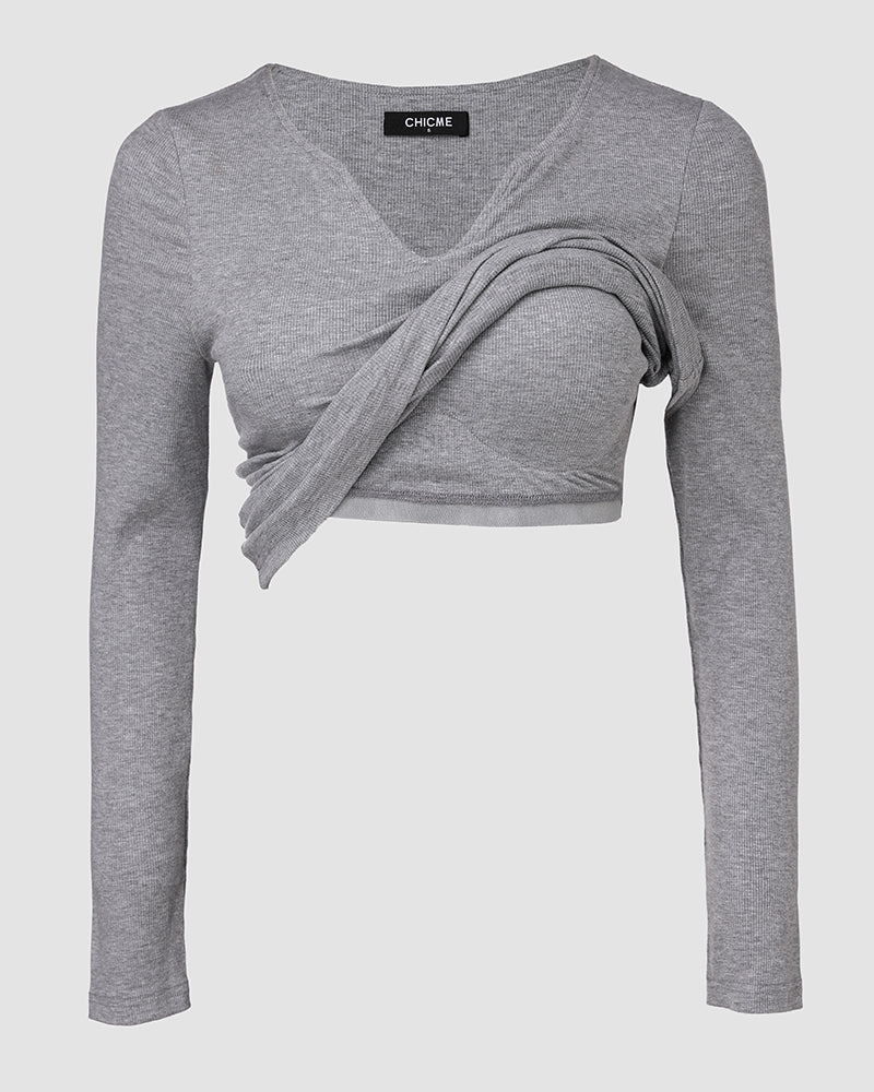 Chicme Built In Bra Notch Neck Long Sleeve Shirts Rib Knit Ruched Waist Top - Image 5