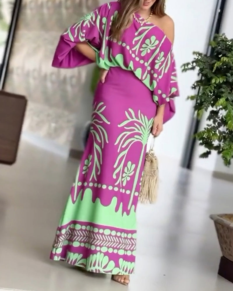 2 Pieces Outfit Skew Neck Lantern Sleeve Loose Fit Top and High Waist Elastic Waist Fishtail Maxi Skirt Set Casual Tropical Print Vacation Set - Image 3