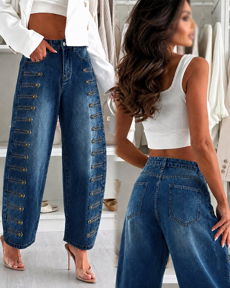Women's Wide Leg Jeans High Waisted Side Button Denim Pants Distressed Washed Trousers Retro Y2K Streetwear - Image 11