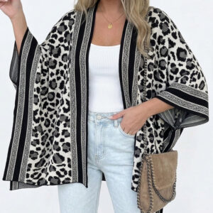 Women's Leopard Print Poncho Cardigan Contrast Striped Trim Open Front Loose Fit Batwing Sleeve Knit Cape Shawl