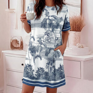 Women's Vintage Landscape Print Nightgown Casual Short Sleeve Loungewear Dress with Pockets
