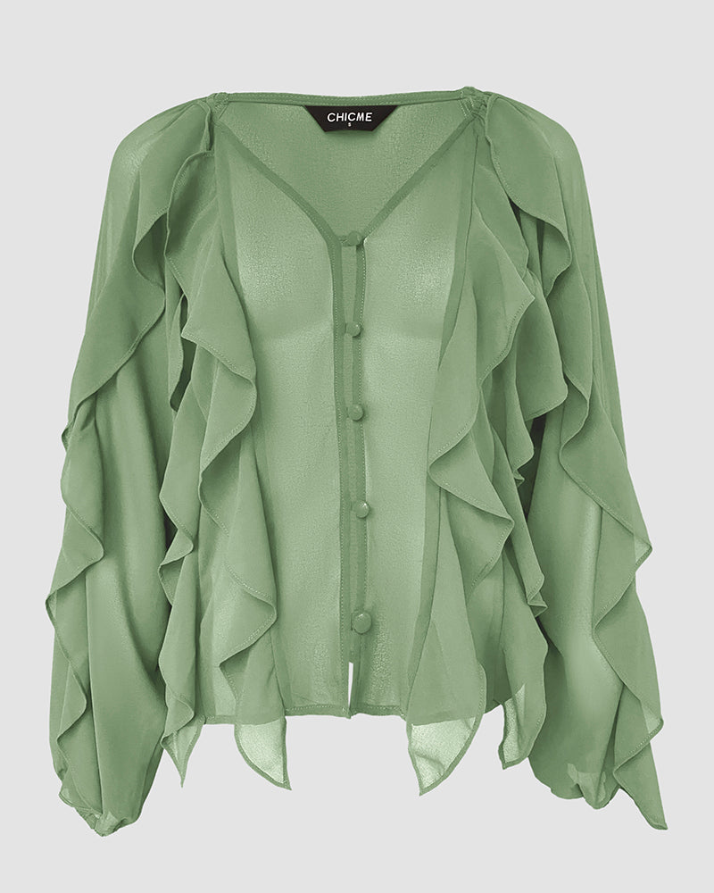V Neck Shoulder Ruffles Design Blouse Casual Button Front Long Sleeve Top - Image 12