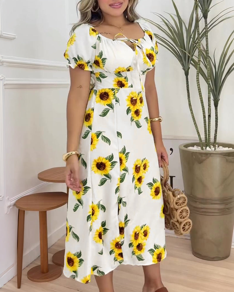 Women's Sunflower Print Midi Dress Puff Sleeve Tie Neck Sundress Shirred Back Slit A-Line Vacation Dress with Lining - Image 4