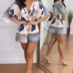 Tropical Leaves Print Overlap V Neck Batwing Sleeve High Waist Romper Casual Striped Spliced Backless Tie Back Shirred Waist Vacation Romper