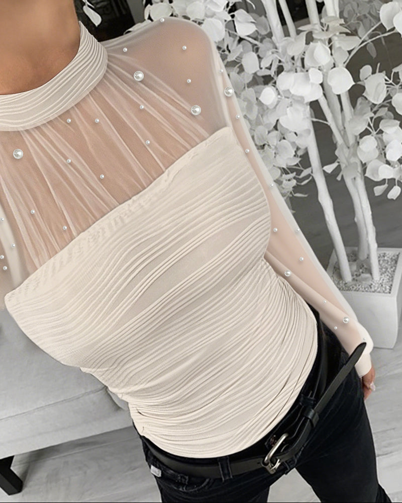 Pearls Decor Mock Neck Sheer Mesh Spliced Ruched Tee Hollow-out Back Slim Fit Textured Top - Image 12