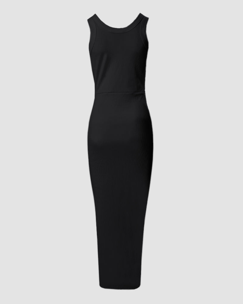 Side Slit Drawstring Ruched Bodycon Casual Sun Maxi Dresses Sleeveless Ribbed Tank Dress - Image 12