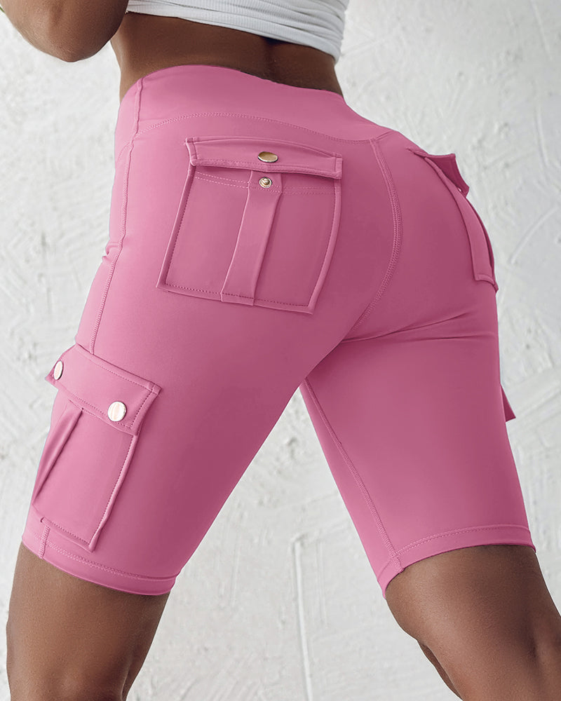 Tummy Control Butt Lifting Active Shorts High Waist Flap Pocket Workout Bermuda Cargo Running Shorts - Image 16