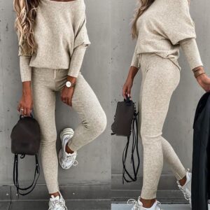 2 Pieces Outfit Skew Neck Long Sleeve Loose Pullover Top and Drawstring High Waist Slim Fit Pants Set