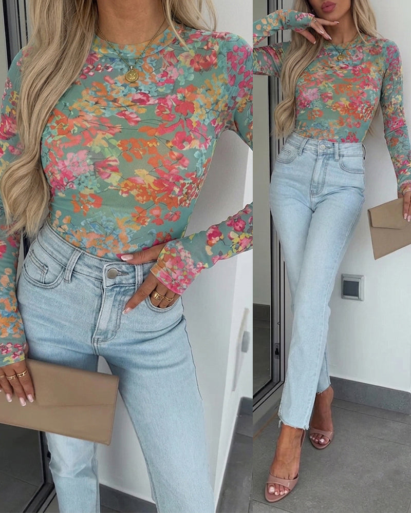 Women's Floral Print Sheer Mesh Top Long Sleeve Slim Fit Crewneck Layering Top with Thumb Hole Cuffs - Image 3