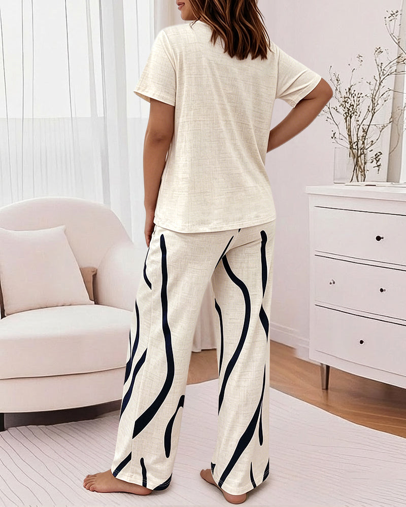 Women's 2 Piece Pajama Set Heart & Letter Top and High Waisted Abstract Print Pants Casual Loungewear with Pockets - Image 2