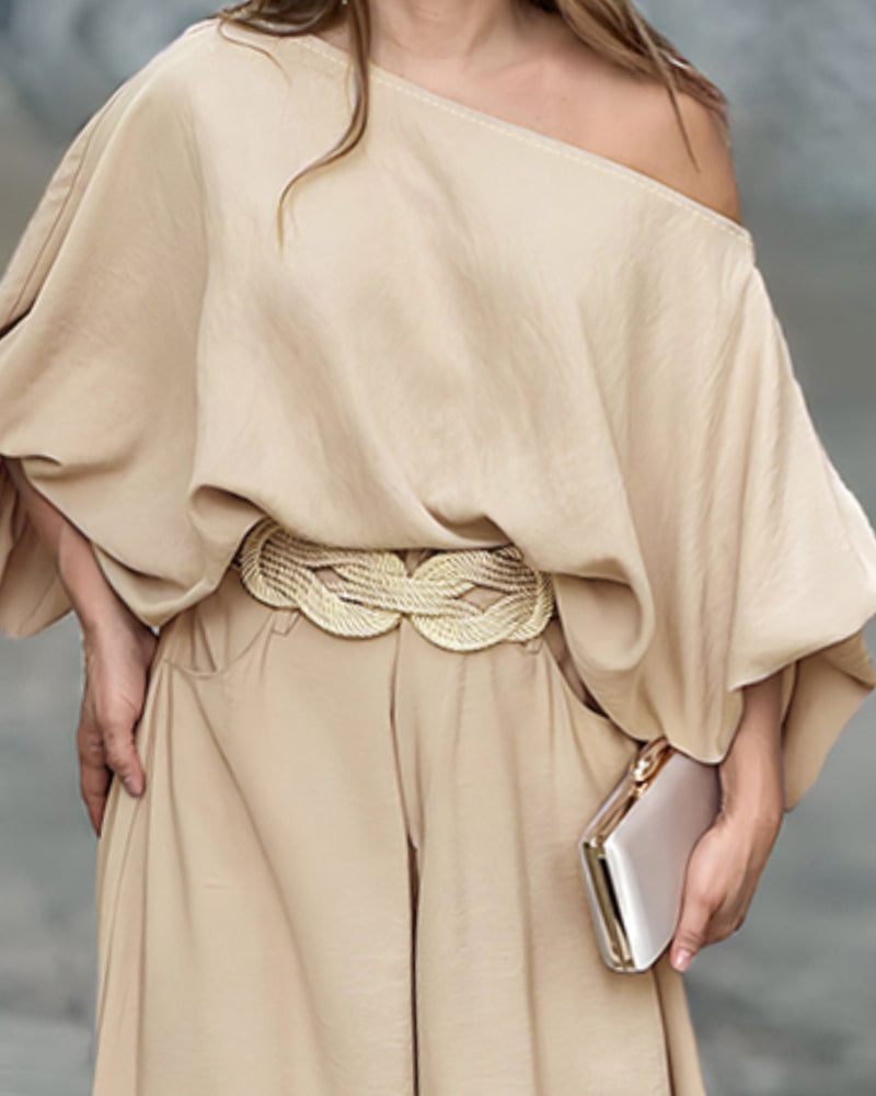 2 Pieces Outfit Turn-down Coll Long Sleeve Button Front Satin Shirt and Casual Vintage Floral Print Elastic Back Waist Wide Leg Pants Set without Belt - Image 2