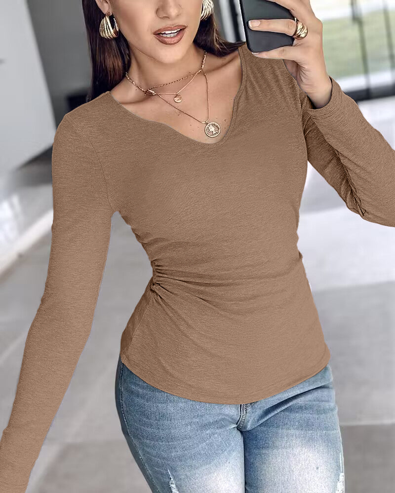 Chicme Built In Bra Notch Neck Long Sleeve Shirts Rib Knit Ruched Waist Top - Image 24