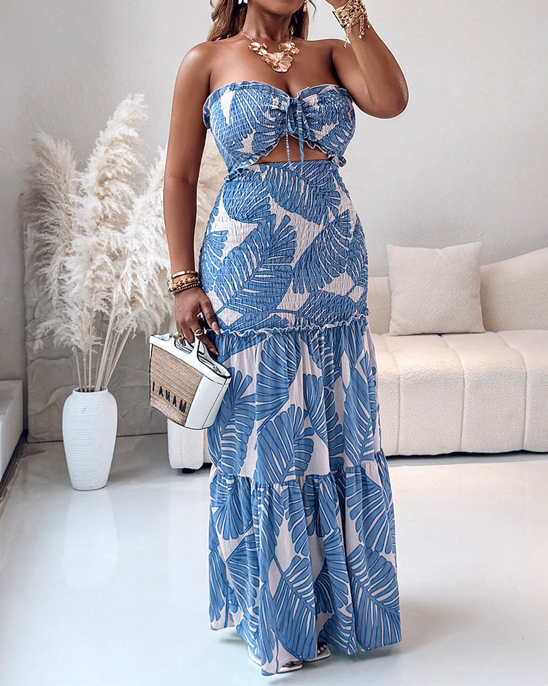 Tropical Print Halter Tie Shirred Frill Trim Cinched Waist Vacation Dress Ruched Cutout Front Slim Fit Ruffle Hem Mermaid Dress - Image 5