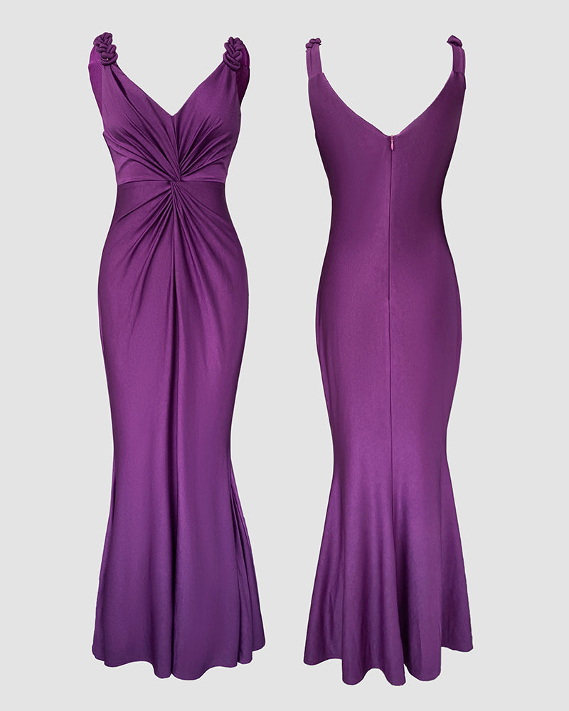 Deep V-Neck Braided Straps Twist Front Cinched Waist Evening Dress Casual Zipper Back Mermaid Hem Satin Maxi Dress - Image 5