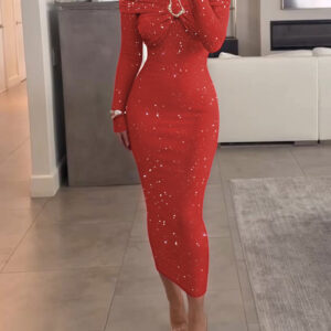 Off Shoulder Long Sleeve Chic Mental Buckle Ruched Mid-Calf Dress