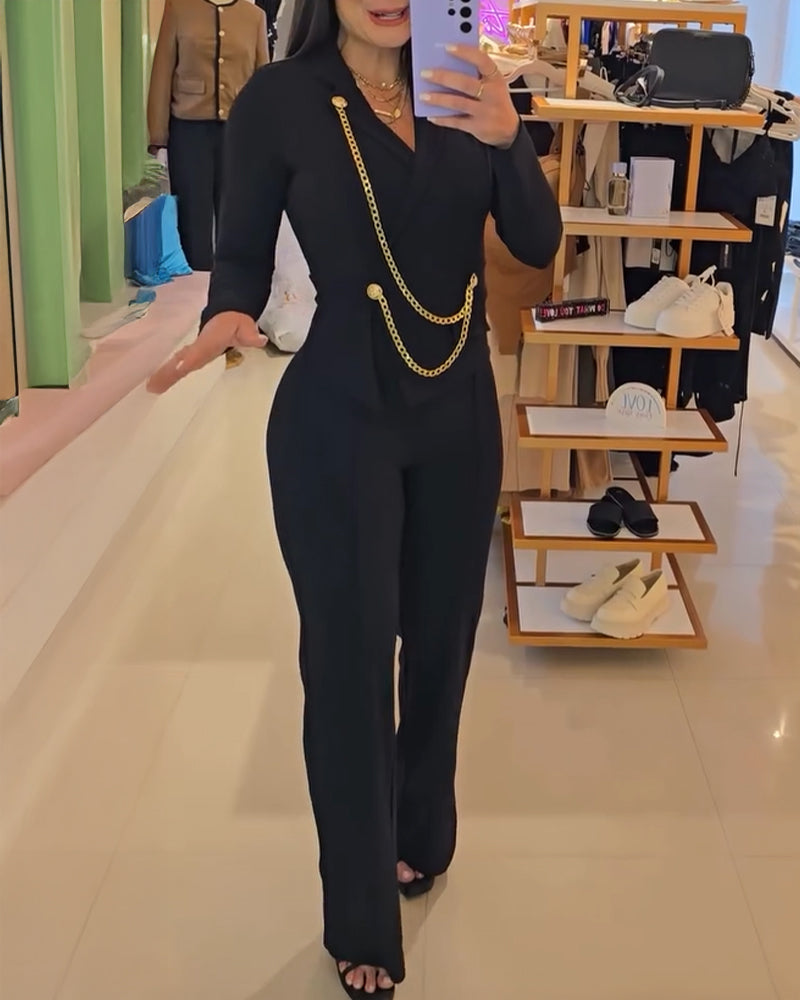 Chain & Button Decor Notched Collar Overlap V-Neck Slit Spliced Overalls Casual High Waist Seam Front Zipper Back Jumpsuit - Image 5