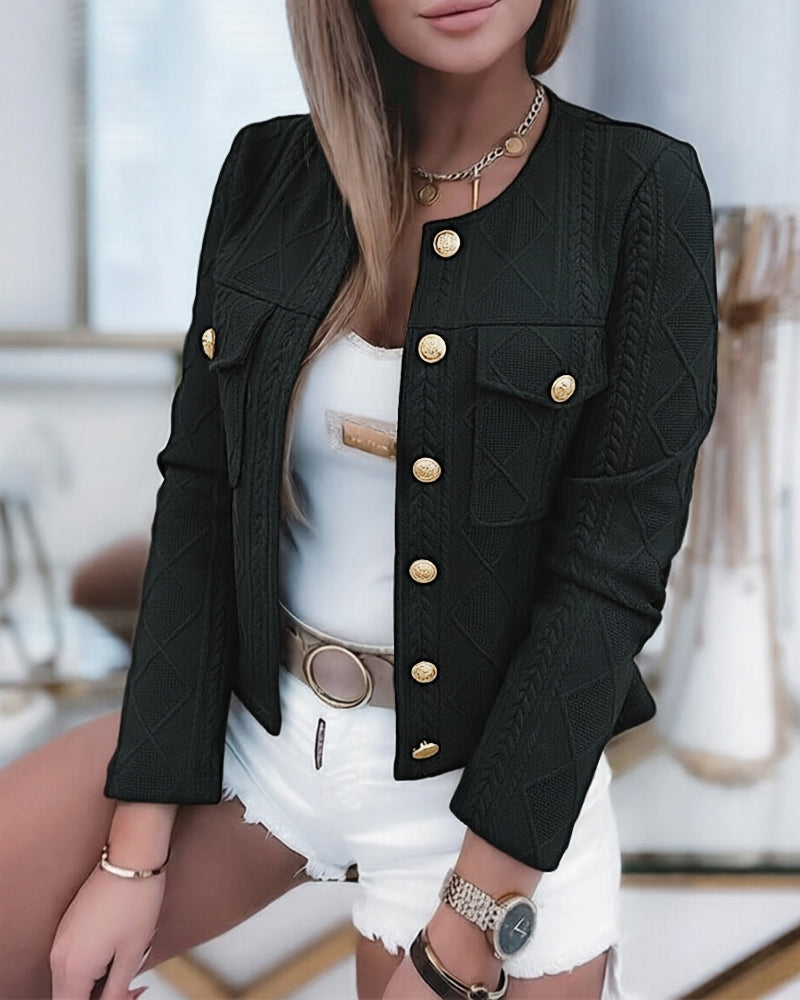 Women's French Style Cropped Jacket Round Neck Gold Button Coat Argyle Cable Jacquard Knit Outerwear - Image 14