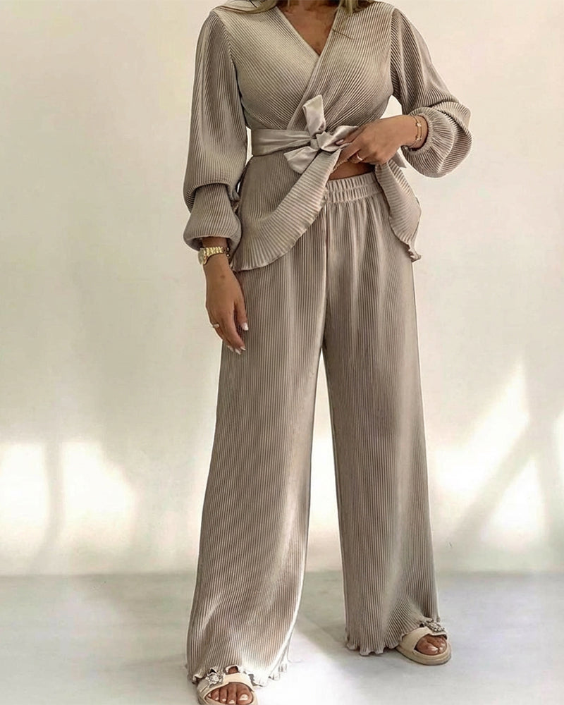 2 Pieces Outfit Overlap V-Neck Lantern Sleeve Tie Waist Ruffle Hem Top and Elastic Waist Wide Leg Pants Set Vintage Frill Hem Satin Pleated Commuting Set - Image 4
