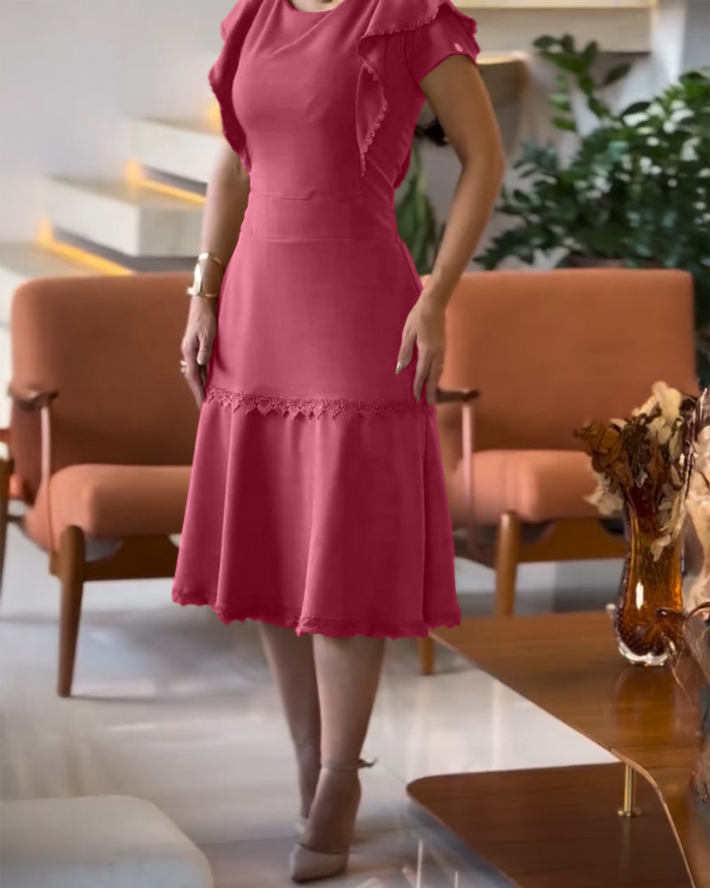 Butterfly Sleeve Hollow-out Back Shirred Dress Casual Cinched Waist Lace Trim Ruffle Hem Commuting Dress - Image 11