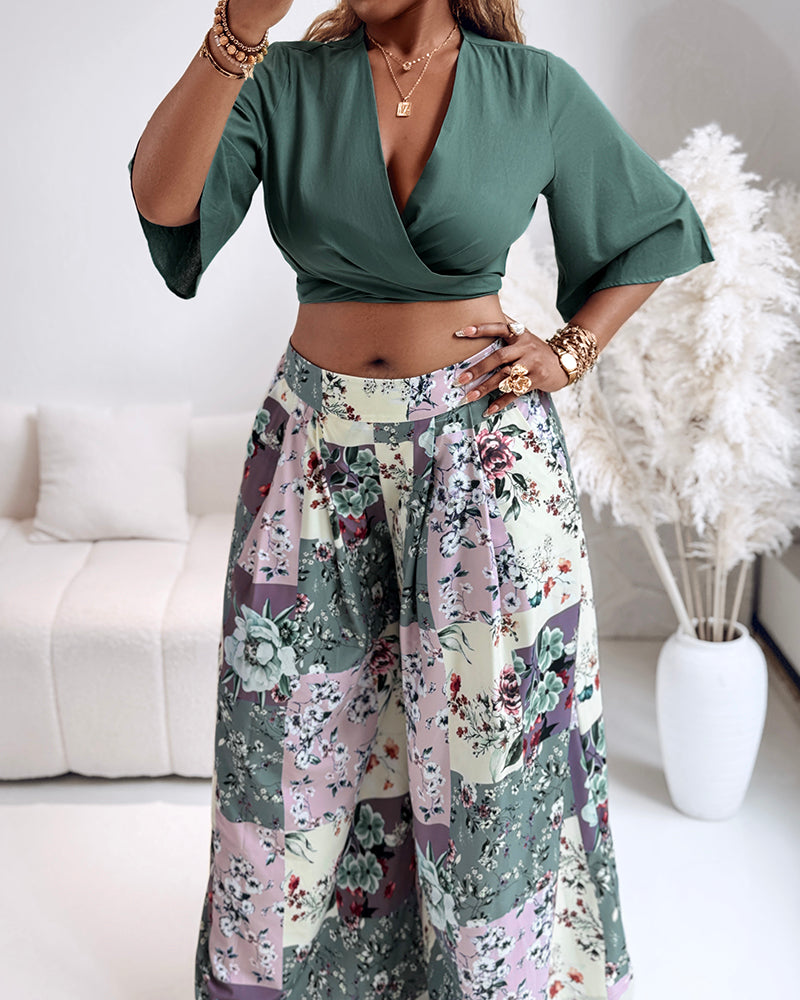 Twisted Crop Top & Floral Print Wide Leg Pants Set - Image 5